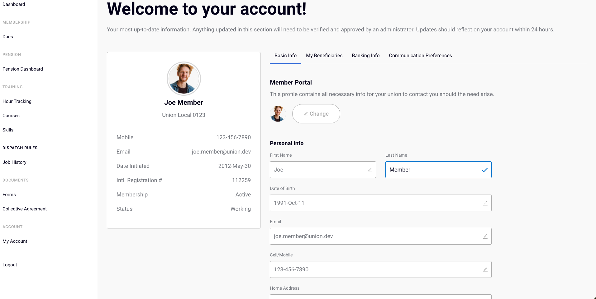 Union Portal Member Account Information and Communication Preferences